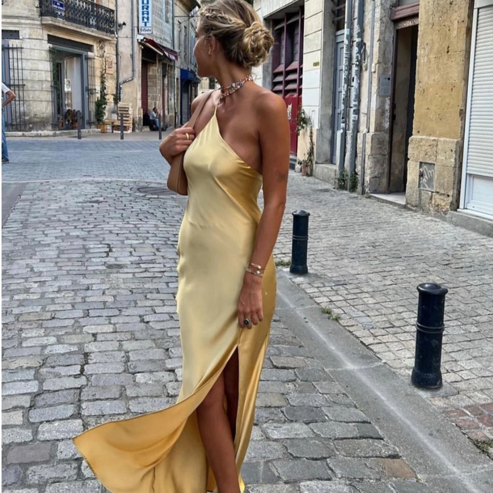 Open Back Satin Slit Long Dress - ice blue